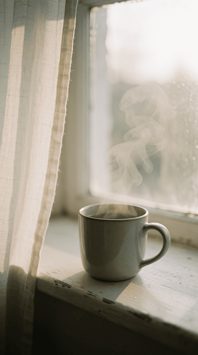 A morning coffee resting on a sunlit windowsill