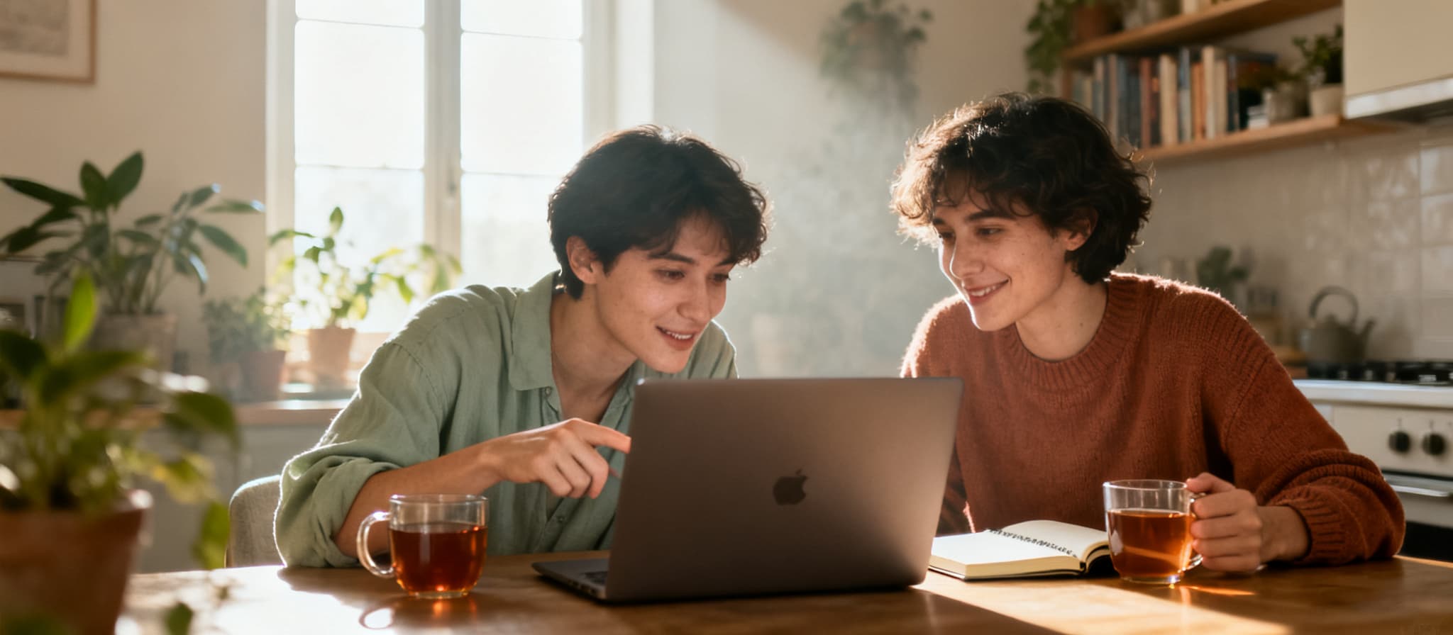Two friends learning at a sunlit kitchen table
