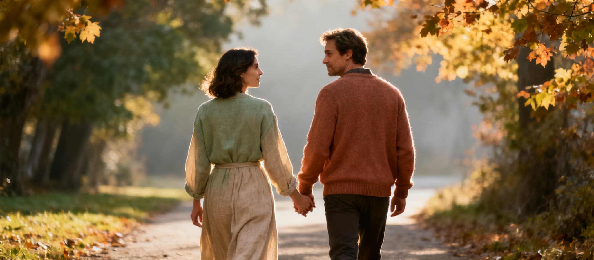 A couple walking together in autumn light